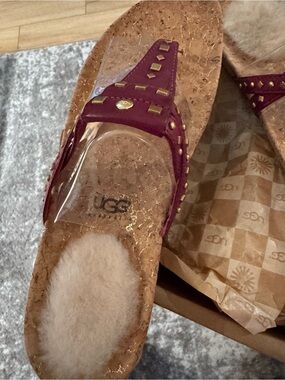 UGG Women's Burgundy Studded Cork Thong Sandals with Shearling Footbed